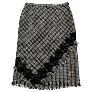 Chancelle Black White Preppy Academia Plaid Tweed Lace Fringe Midi Skirt Size 16